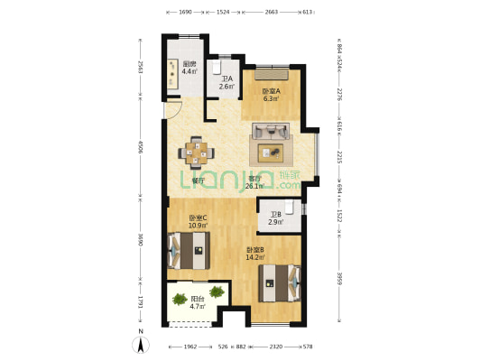 鸿翔龙悦湾 3室1厅2卫 88平方