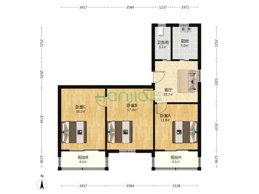 盐城市教委宿舍楼 3室1厅1卫 95平方