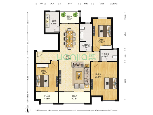 绿地悦城E区 3室1厅2卫 142平方