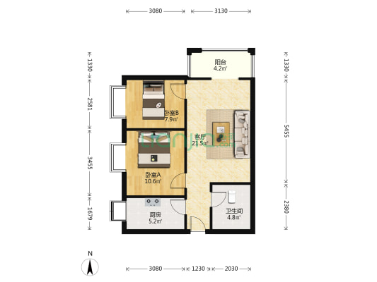 翡翠城两居户型方正 价格合适，房本满二税少-户型图