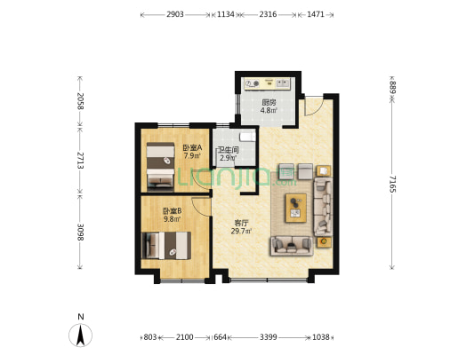吾悦华邸 2室1厅1卫 85平方