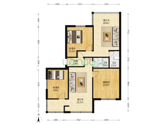 玫瑰大街散盘 2室2厅2卫 96平方