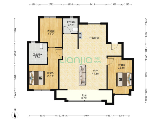 融信金地澜悦 2室1厅2卫 126平方