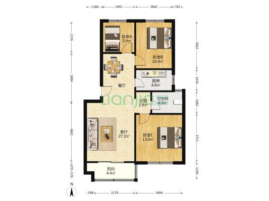 汇景嘉园西院 3室1厅1卫 88平方
