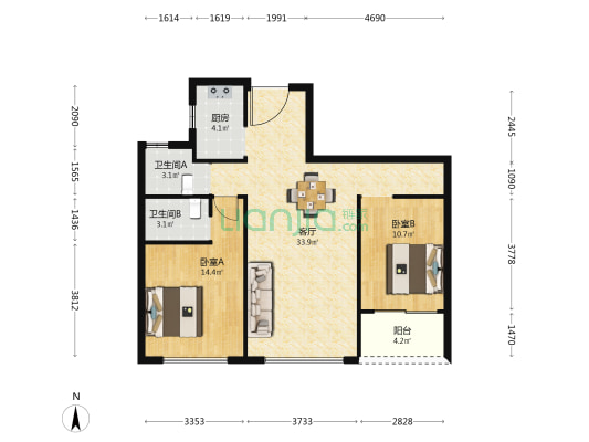 西汇锦园 2室1厅2卫 101平方