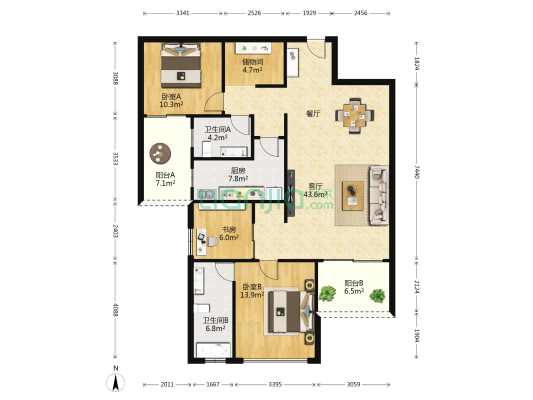 格力广场三期 3室1厅2卫 124平方