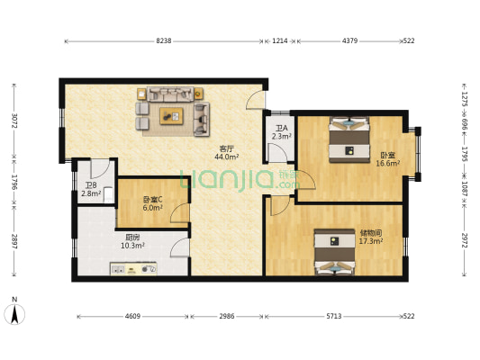 中房祥安虹福苑 2室1厅2卫 112平方