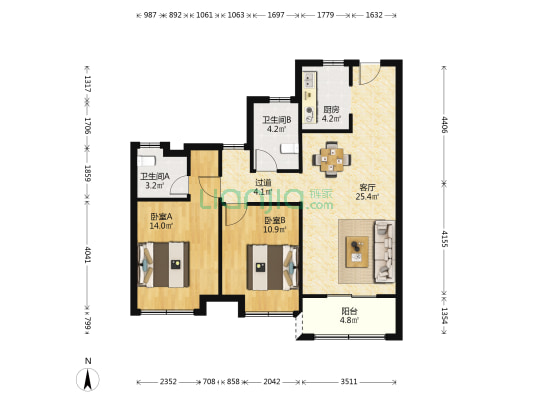 中天观樾诚品 2室1厅2卫 89平方