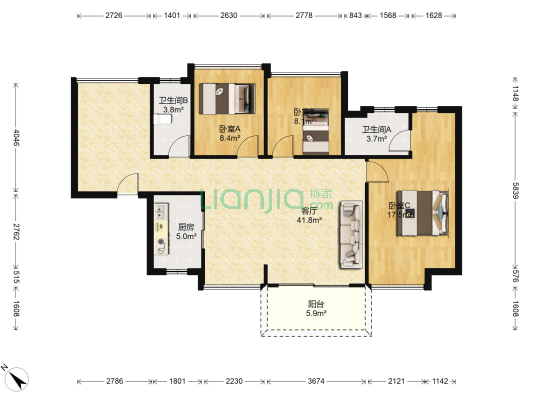 星城国际花园5期 3室1厅2卫 102平方