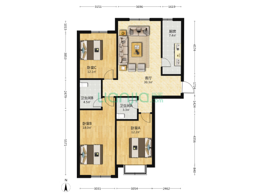 大唐西郡 3室1厅2卫 120平方