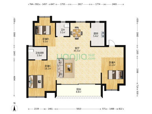 华润置地花山半岛九里 3室1厅2卫 123平方