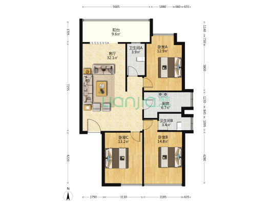 麒鑫新时代商业广场 3室1厅2卫 120平方