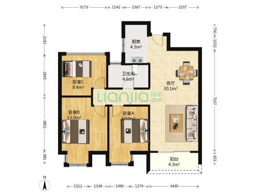 华丽家族太湖汇景三期 3室1厅1卫 93平方