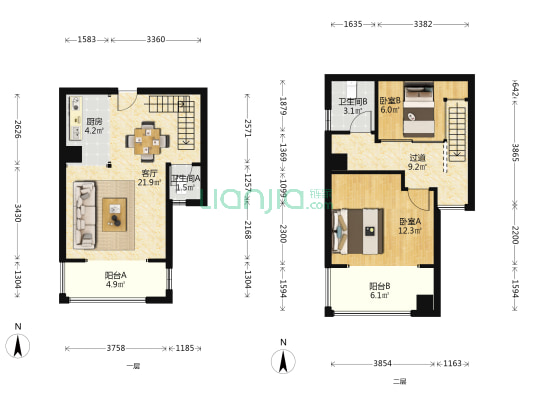 龙发时代天街 2室1厅2卫 65平方