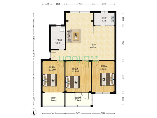 银苑小区 3室1厅1卫 124平方