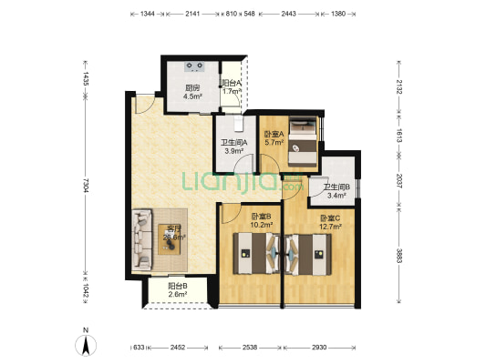 瑞日天下花园 3室1厅2卫 92平方