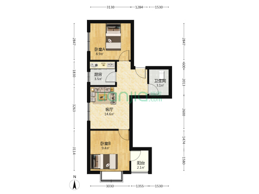 西南小两居  采光充足 通风好  简单装修  可拎包入住-户型图