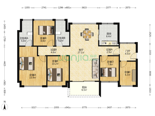 领南星河荣誉 5室1厅2卫 128平方
