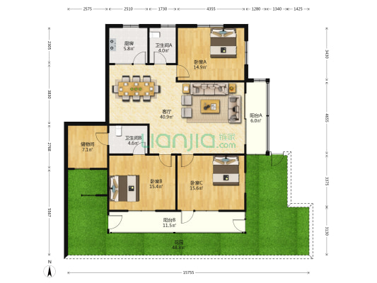 普陀路 3室1厅2卫 136平方