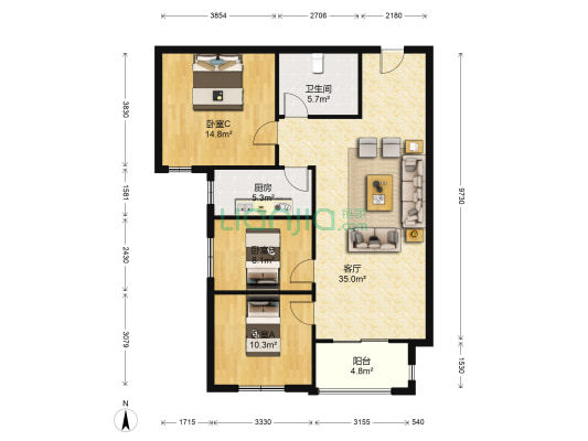 东林家园 全阳三居室 采光好 简装-户型图