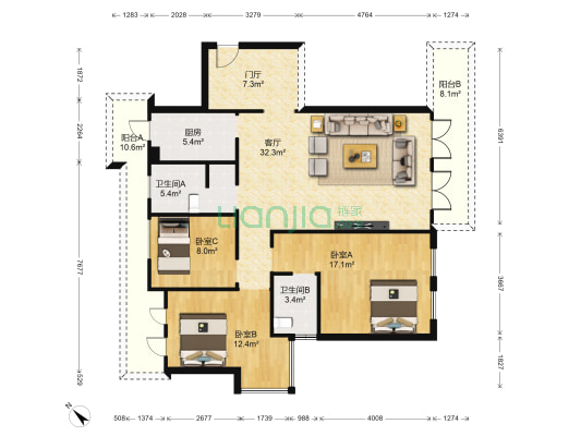 中森光华1号 3室1厅2卫 125平方
