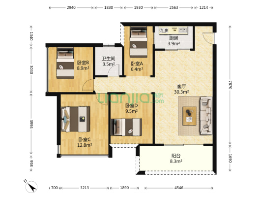 鹏城里 4室1厅1卫 93平方