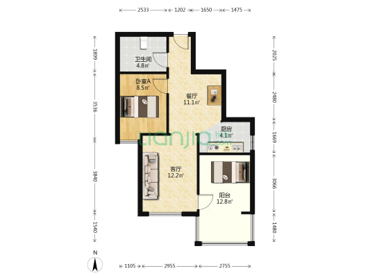 晶峰･晓园 1室2厅1卫 74平方