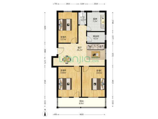 西鞋厂宿舍区 3室1厅2卫 103平方