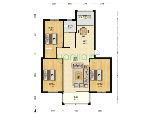 联富花苑 3室2厅1卫 123平方