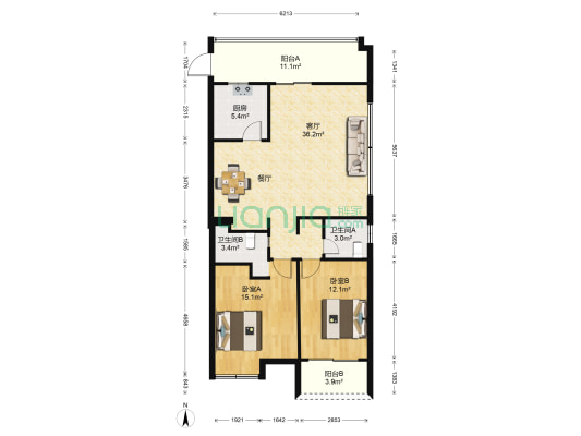 君临香格里C区 2室1厅2卫 105平方