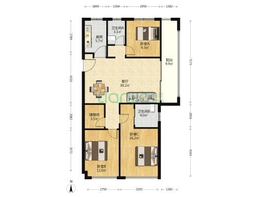 潮启四季苑一组团 3室1厅2卫 117平方