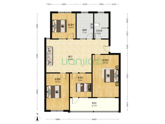 家电公司宿舍 4室1厅1卫 137平方