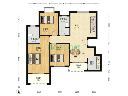 岳华新苑 3室1厅2卫 119平方