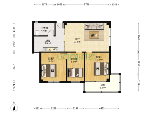 康苑社区 3室1厅1卫 98平方