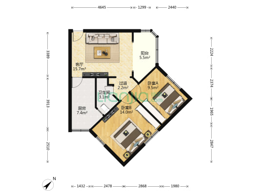 航天乙二区 2室1厅1卫 65平方