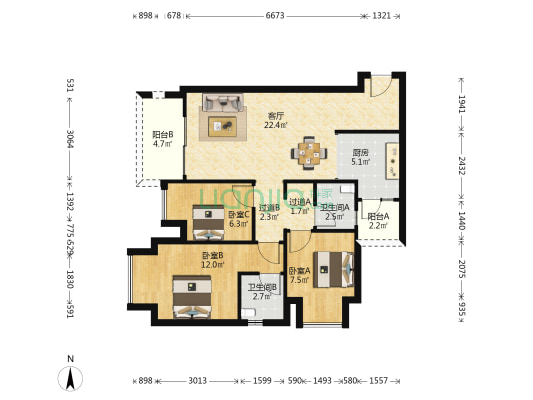 天誉林溪小区 3室1厅2卫 88平方