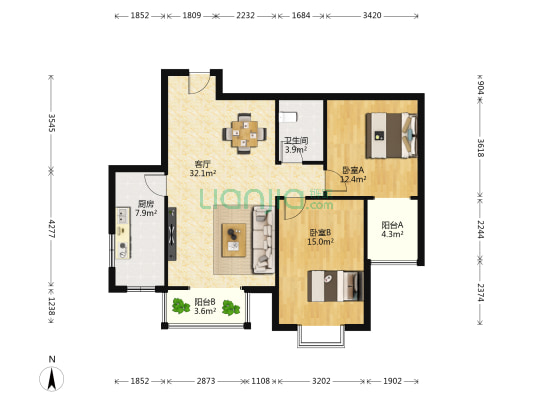 源尚公寓 2室1厅1卫 111平方