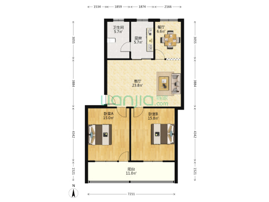 万达花苑 2室2厅1卫 93平方