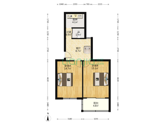 北干宿舍 2室1厅1卫 65平方