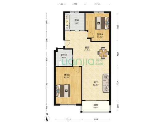 阳光花苑 2室2厅1卫 100平方