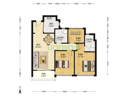 嘉宸天誉名轩 3室1厅2卫 88平方
