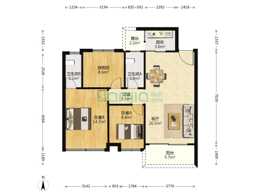 龙鑫阁A区 2室1厅2卫 93平方