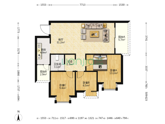 国际城H3组团 3室1厅1卫 94平方