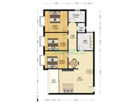 成盛家园 3室1厅2卫 112平方