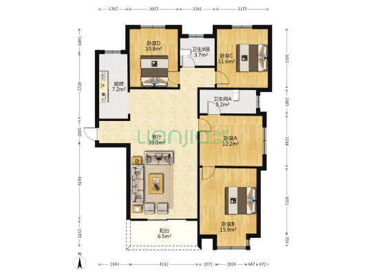 银泰小区 4室1厅2卫 155平方