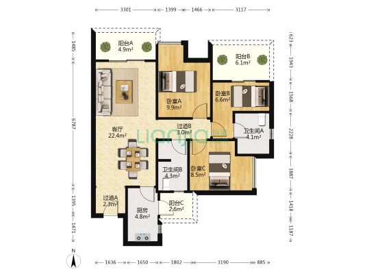 蜀鑫西TOWN 3室1厅2卫 93平方