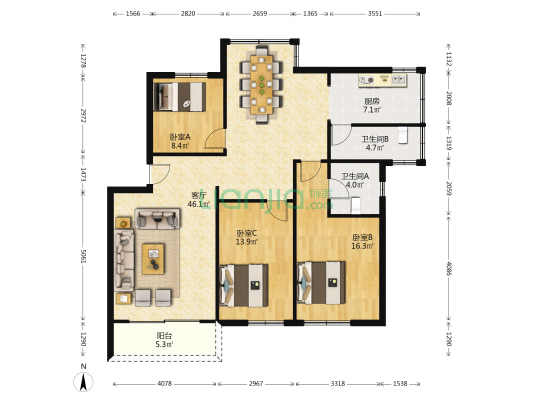 商业北二街一号 3室1厅2卫 121平方