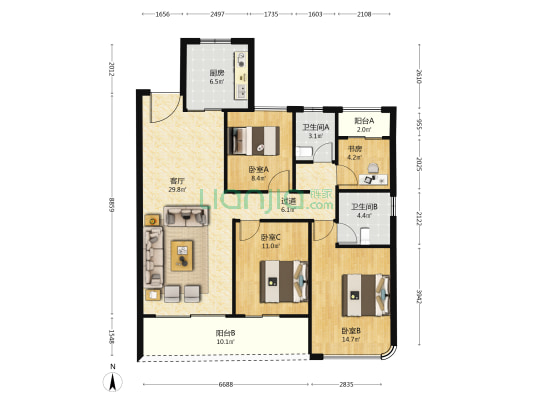 首开第五大道 4室1厅2卫 129平方