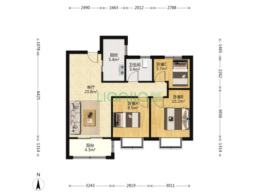 东城金茂悦2期 3室1厅1卫 89平方