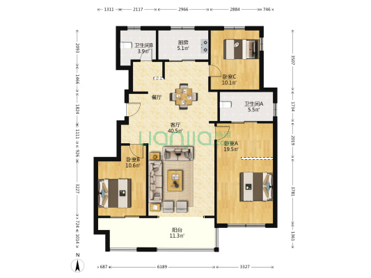 龙湖璟宸原著 3室1厅2卫 118平方